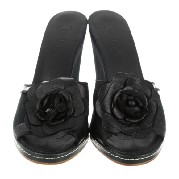 CHANEL Canvas & Leather Camellia Slide On Platform Wedge Sandals Black 36.5 EU - Picture 2 of 11